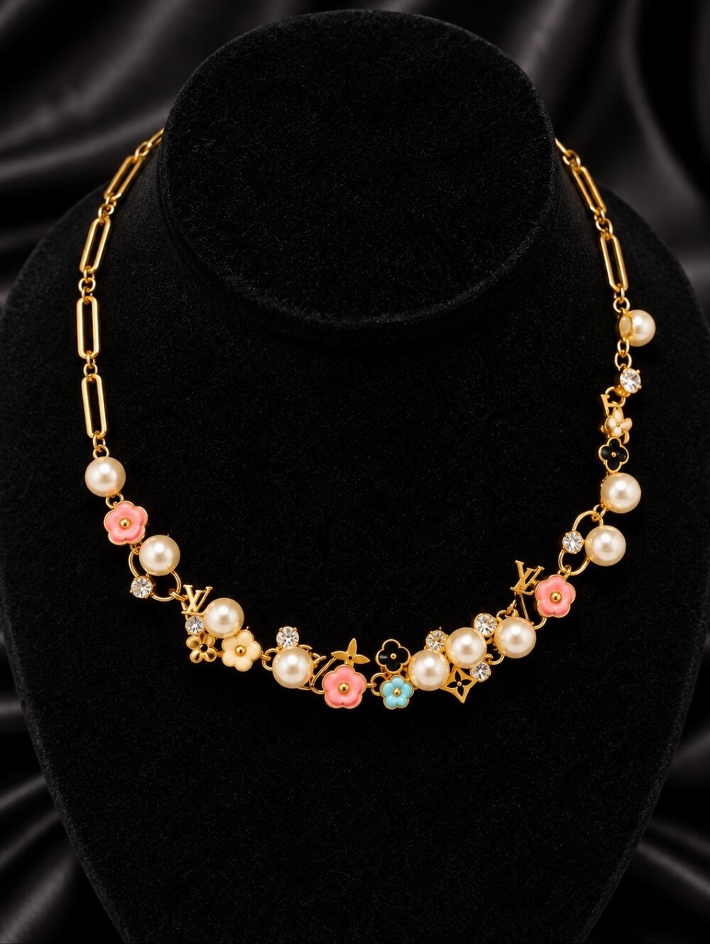 Gold-Tone Pearl & Flower Necklace - Designer Style